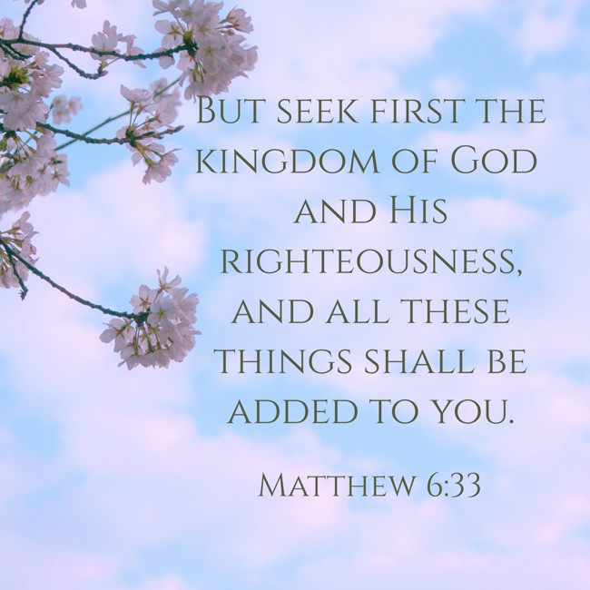  But seek first the kingdom of God and His righteousness, and all these things shall be added to you.   - Matthew 6:33 