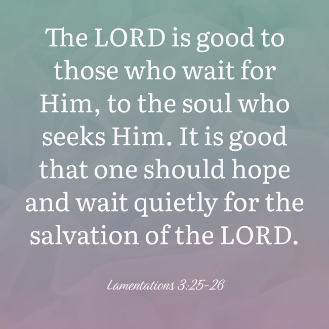  The LORD is good to those who wait for Him, to the soul who seeks Him. It is good that one should hope and wait quietly for the salvation of the LORD.   - Lamentations 3:25-26 