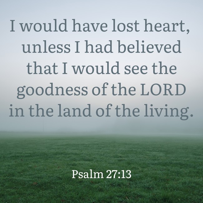  I would have lost heart, unless I had believed that I would see the goodness of the LORD in the land of the living.   - Psalm 27:13 