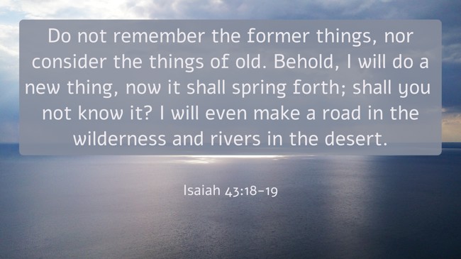  Do not remember the former things, nor consider the things of old. Behold, I will do a new thing, now it shall spring forth; shall you not know it? I will even make a road in the wilderness and rivers in the desert.   - Isaiah 43:18-19 