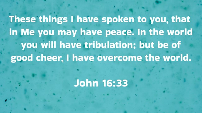  These things I have spoken to you, that in Me you may have peace. In the world you will have tribulation; but be of good cheer, I have overcome the world.   - John 16:33 
