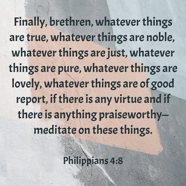 Finally, brethren, whatever things are true, whatever things are noble, whatever things are just, whatever things are pure, whatever things are lovely, whatever things are of good report, if there is any virtue and if there is anything praiseworthy—meditate on these things. - Philippians 4:8