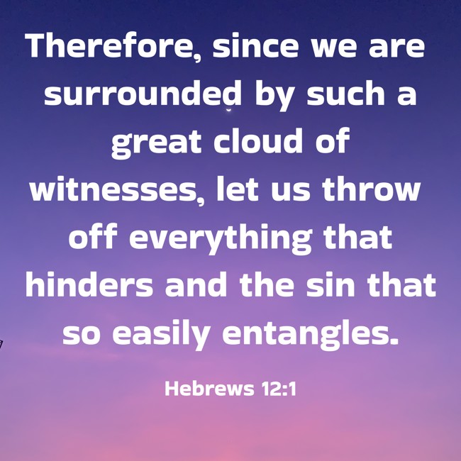 Therefore, since we are surrounded by such a great cloud of witnesses, let us throw off everything that hinders and the sin that so easily entangles. - Hebrews 12:1