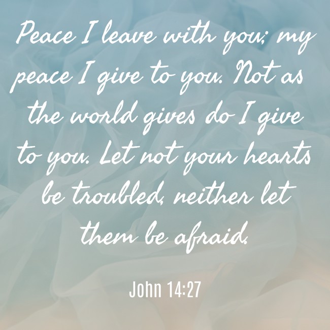  Peace I leave with you; my peace I give to you. Not as the world gives do I give to you. Let not your hearts be troubled, neither let them be afraid.   - John 14:27 
