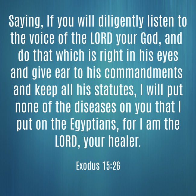  Saying, If you will diligently listen to the voice of the LORD your God, and do that which is right in his eyes and give ear to his commandments and keep all his statutes, I will put none of the diseases on you that I put on the Egyptians, for I am the LORD, your healer.   - Exodus 15:26 