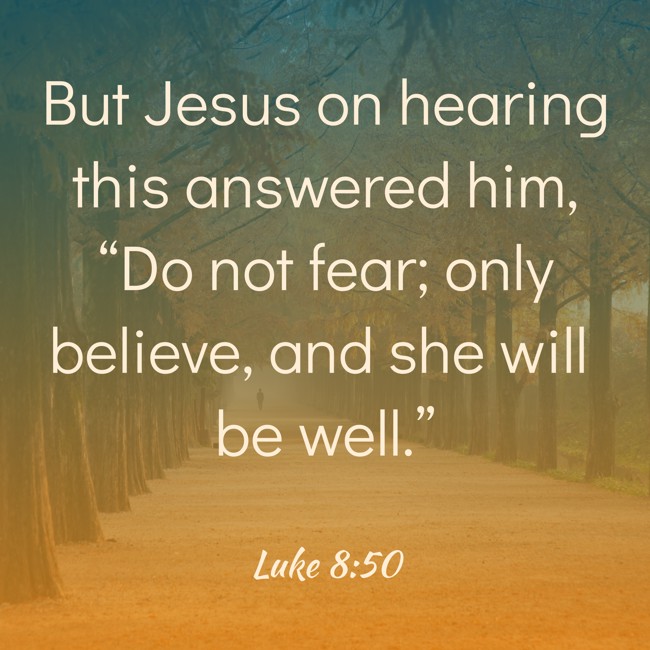  But Jesus on hearing this answered him, “Do not fear; only believe, and she will be well.”   - Luke 8:50 
