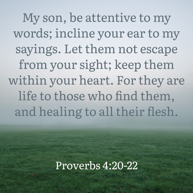  My son, be attentive to my words; incline your ear to my sayings. Let them not escape from your sight; keep them within your heart. For they are life to those who find them, and healing to all their flesh.   - Proverbs 4:20-22 