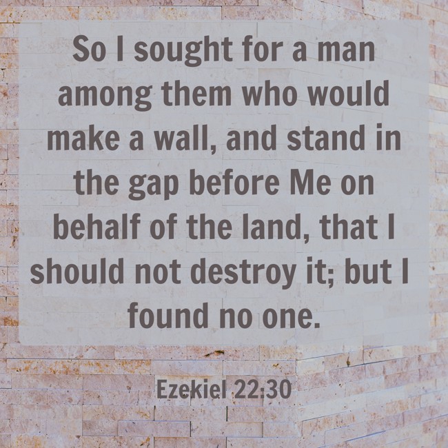 So I sought for a man among them who would make a wall, and stand in the gap before Me on behalf of the land, that I should not destroy it; but I found no one. - Ezekiel 22:30
