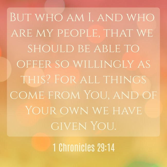  But who am I, and who are my people, that we should be able to offer so willingly as this? For all things come from You, and of Your own we have given You.   - 1 Chronicles 29:14 