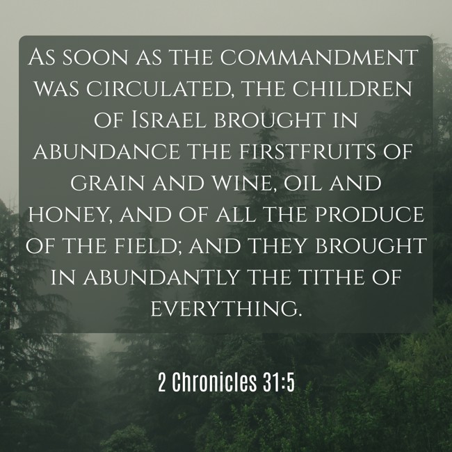  As soon as the commandment was circulated, the children of Israel brought in abundance the firstfruits of grain and wine, oil and honey, and of all the produce of the field; and they brought in abundantly the tithe of everything.   - 2 Chronicles 31:5 
