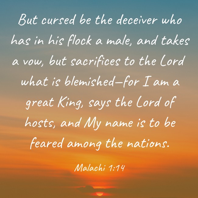  But cursed be the deceiver who has in his flock a male, and takes a vow, but sacrifices to the Lord what is blemished—for I am a great King, says the Lord of hosts, and My name is to be feared among the nations.   - Malachi 1:14 