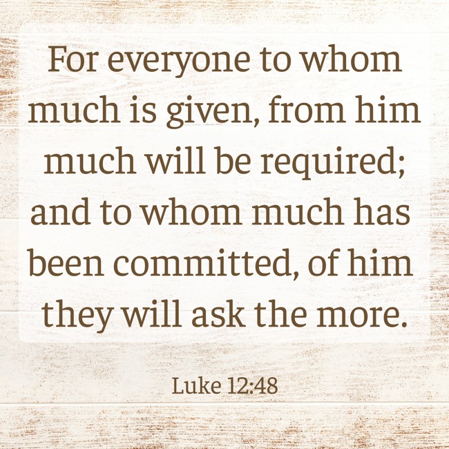  For everyone to whom much is given, from him much will be required; and to whom much has been committed, of him they will ask the more.   - Luke 12:48 