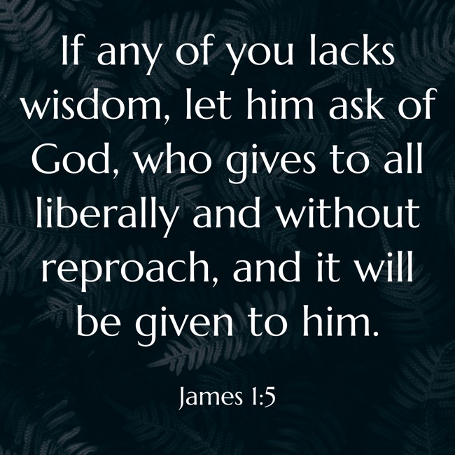 If any of you lacks wisdom, let him ask of God, who gives to all liberally and without reproach, and it will be given to him. - James 1:5