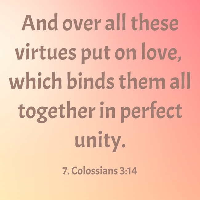 And over all these virtues put on love, which binds them all together in perfect unity. - 7. Colossians 3:14