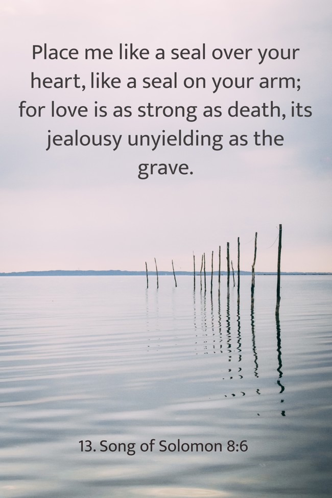 Place me like a seal over your heart, like a seal on your arm; for love is as strong as death, its jealousy unyielding as the grave. - 13. Song of Solomon 8:6