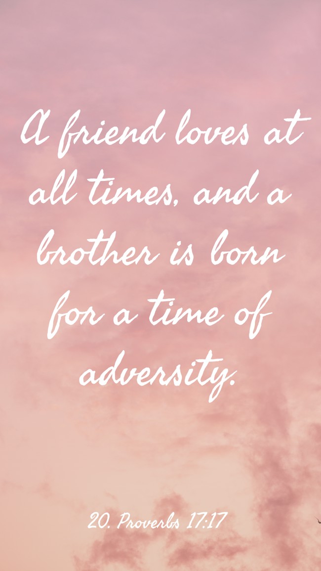 A friend loves at all times, and a brother is born for a time of adversity. - 20. Proverbs 17:17
