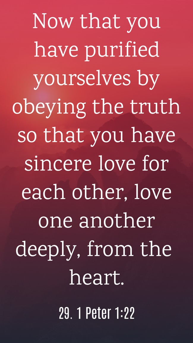 Now that you have purified yourselves by obeying the truth so that you have sincere love for each other, love one another deeply, from the heart. - 29. 1 Peter 1:22