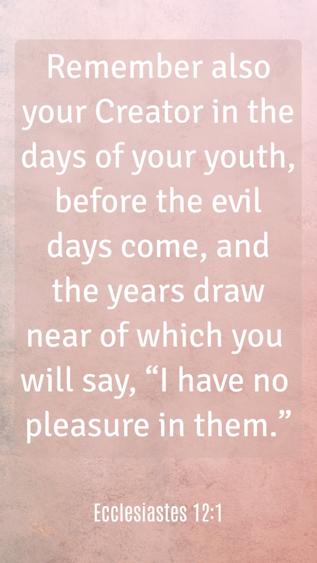 Remember also your Creator in the days of your youth, before the evil days come, and the years draw near of which you will say, “I have no pleasure in them.” - Ecclesiastes 12:1