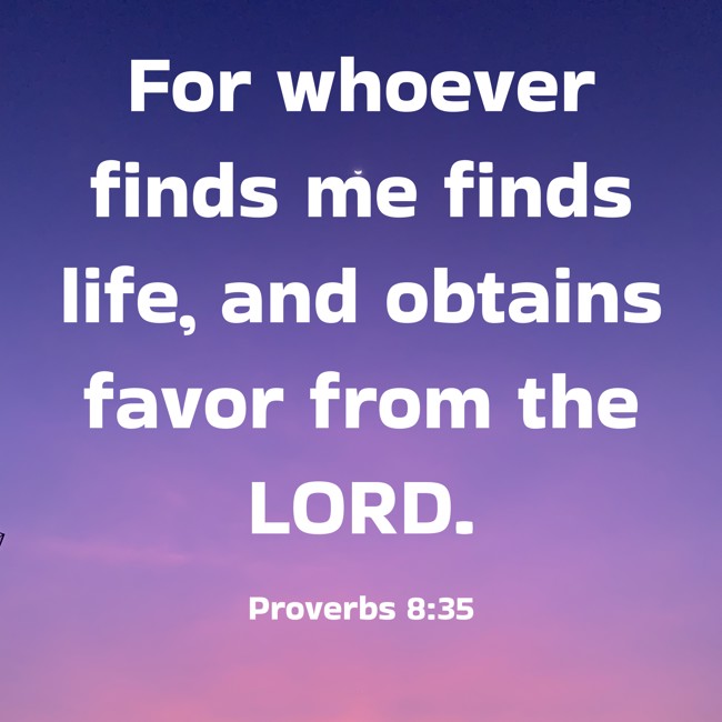 For whoever finds me finds life, and obtains favor from the LORD. - Proverbs 8:35