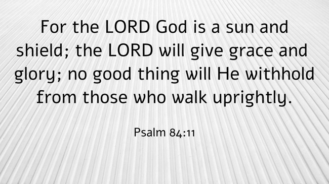 For the LORD God is a sun and shield; the LORD will give grace and glory; no good thing will He withhold from those who walk uprightly. - Psalm 84:11