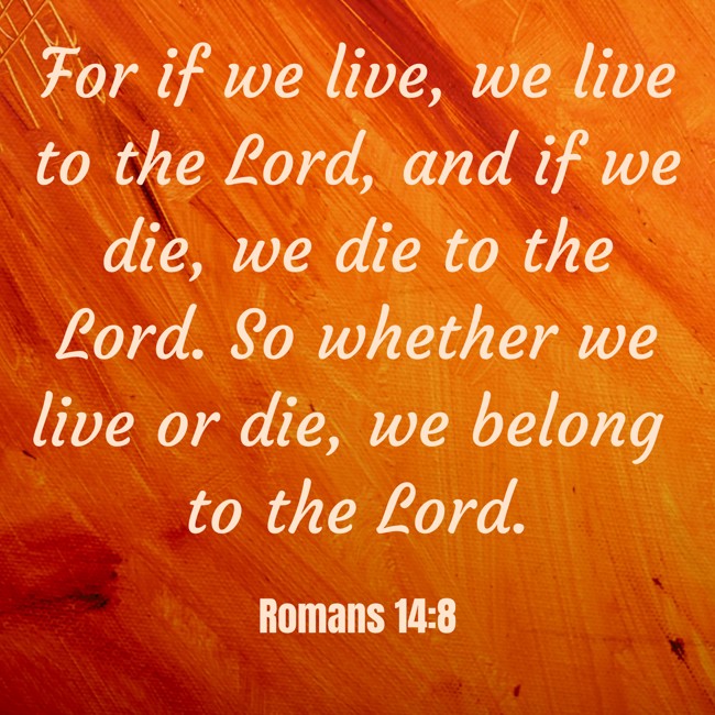  For if we live, we live to the Lord, and if we die, we die to the Lord. So whether we live or die, we belong to the Lord.   - Romans 14:8 