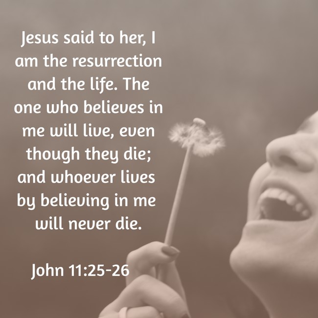  Jesus said to her, I am the resurrection and the life. The one who believes in me will live, even though they die; and whoever lives by believing in me will never die.   - John 11:25-26 