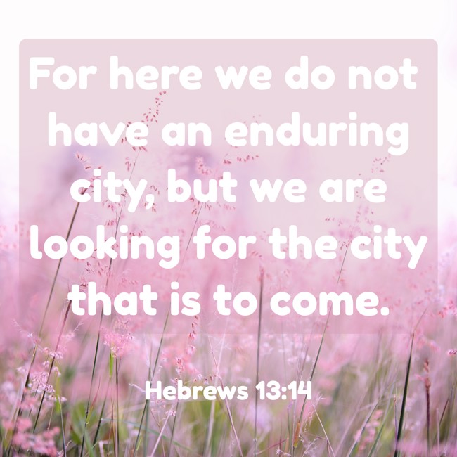  For here we do not have an enduring city, but we are looking for the city that is to come.   - Hebrews 13:14 
