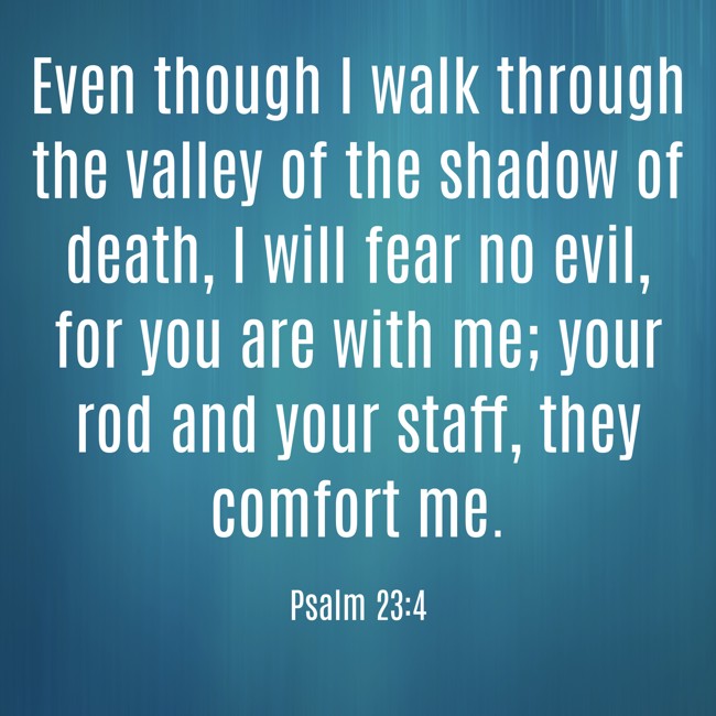  Even though I walk through the valley of the shadow of death, I will fear no evil, for you are with me; your rod and your staff, they comfort me.   - Psalm 23:4 