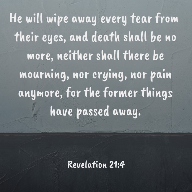 He will wipe away every tear from their eyes, and death shall be no more, neither shall there be mourning, nor crying, nor pain anymore, for the former things have passed away. - Revelation 21:4