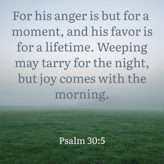  For his anger is but for a moment, and his favor is for a lifetime. Weeping may tarry for the night, but joy comes with the morning.   - Psalm 30:5 