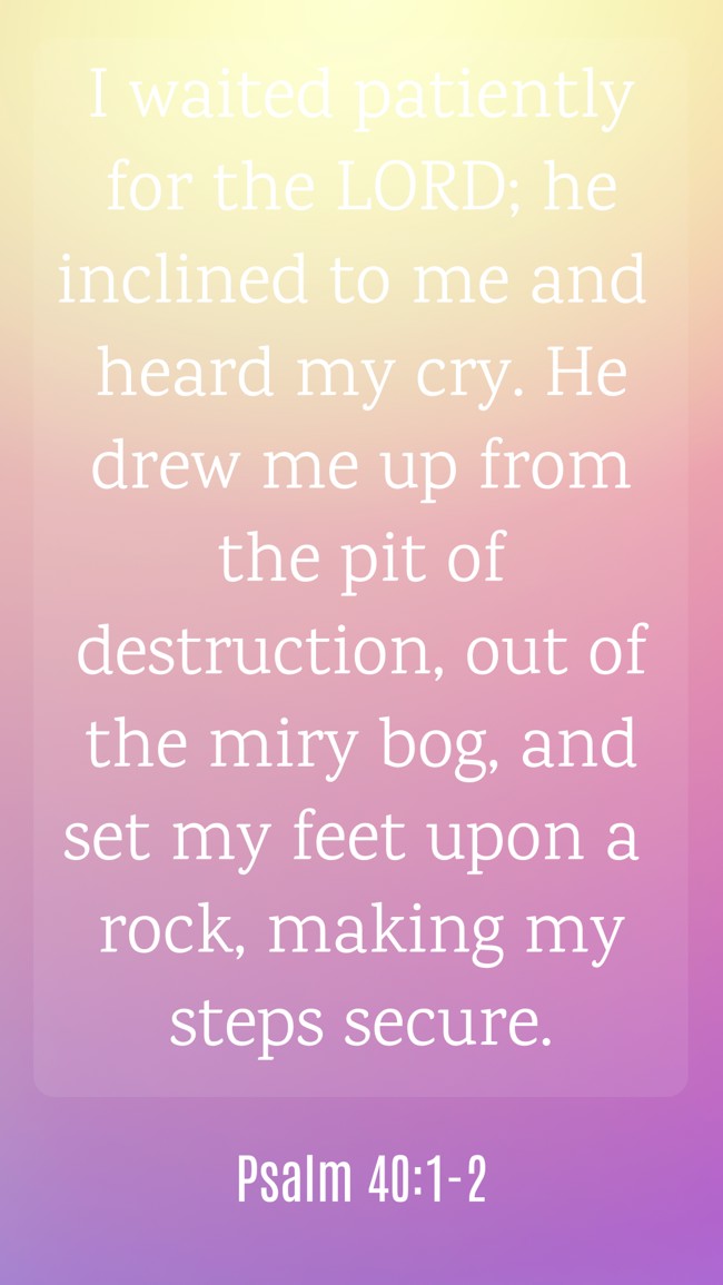  I waited patiently for the LORD; he inclined to me and heard my cry. He drew me up from the pit of destruction, out of the miry bog, and set my feet upon a rock, making my steps secure.   - Psalm 40:1-2 