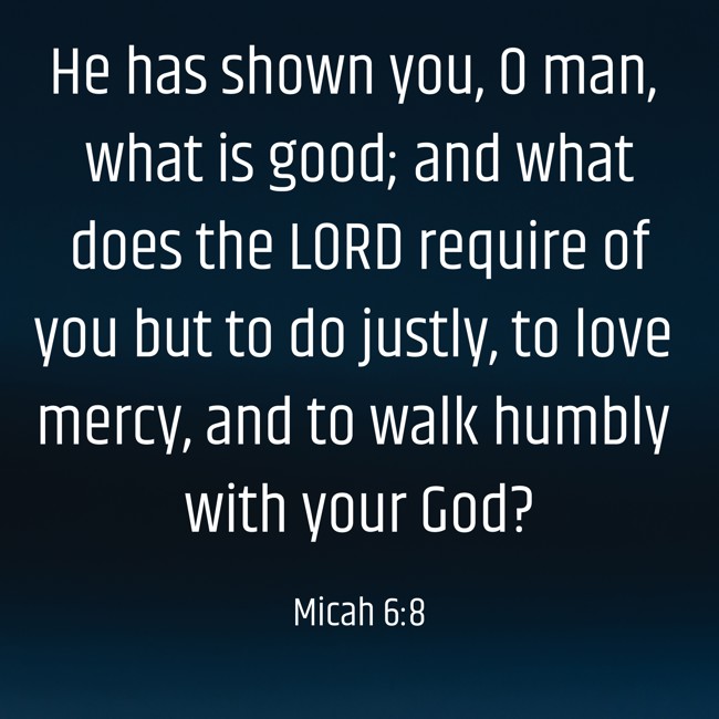 He has shown you, O man, what is good; and what does the LORD require of you but to do justly, to love mercy, and to walk humbly with your God? - Micah 6:8