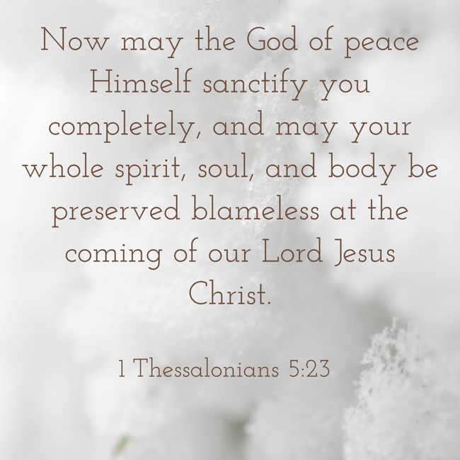 Now may the God of peace Himself sanctify you completely, and may your whole spirit, soul, and body be preserved blameless at the coming of our Lord Jesus Christ. - 1 Thessalonians 5:23