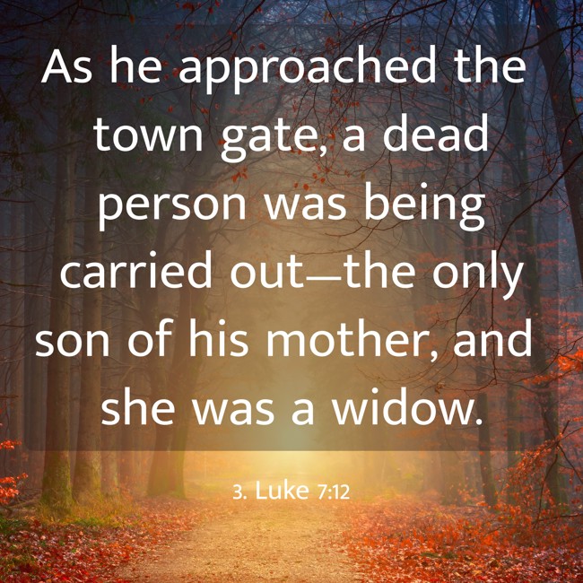 As he approached the town gate, a dead person was being carried out—the only son of his mother, and she was a widow. - 3. Luke 7:12