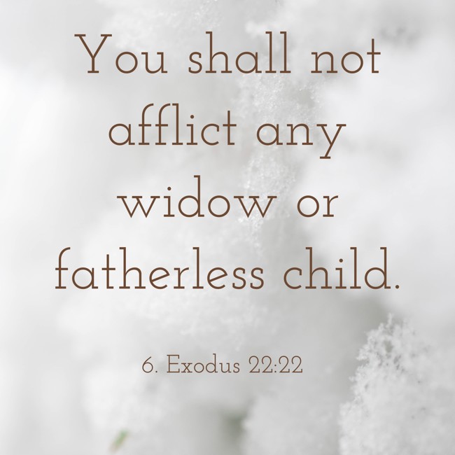 You shall not afflict any widow or fatherless child. - 6. Exodus 22:22