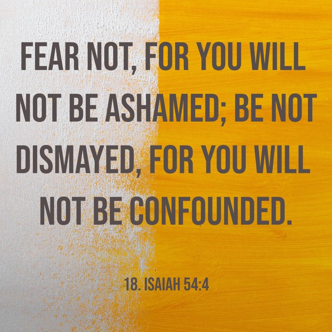 Fear not, for you will not be ashamed; be not dismayed, for you will not be confounded. - 18. Isaiah 54:4
