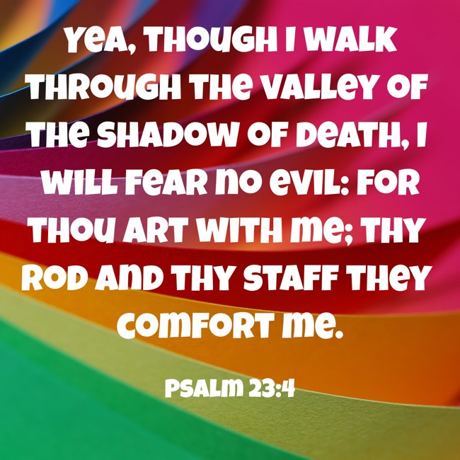  Yea, though I walk through the valley of the shadow of death, I will fear no evil: for thou art with me; thy rod and thy staff they comfort me.   - Psalm 23:4 