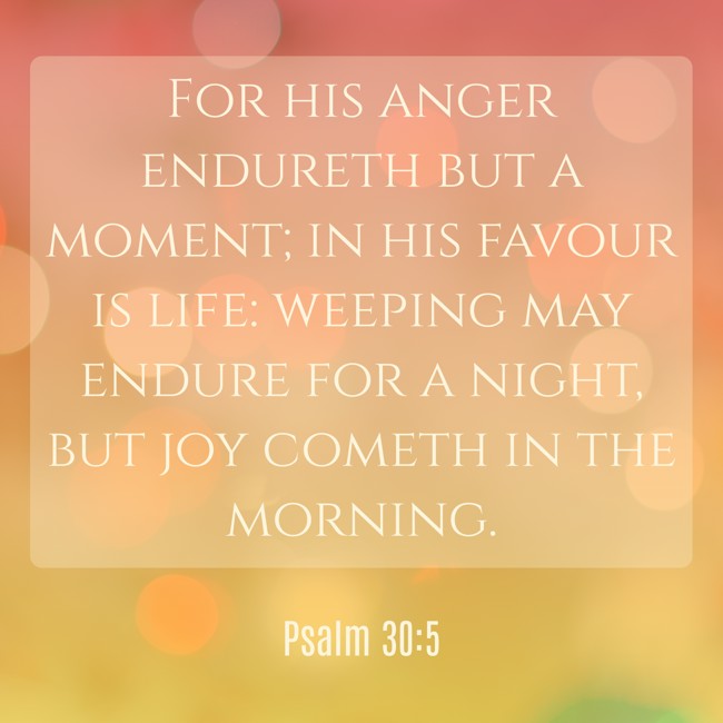  For his anger endureth but a moment; in his favour is life: weeping may endure for a night, but joy cometh in the morning.   - Psalm 30:5 