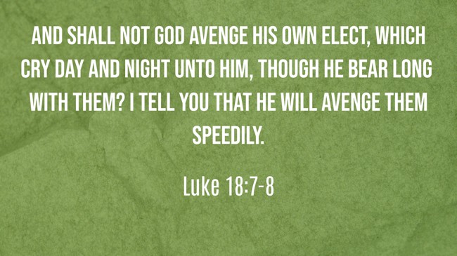  And shall not God avenge his own elect, which cry day and night unto him, though he bear long with them? I tell you that he will avenge them speedily.   - Luke 18:7-8 