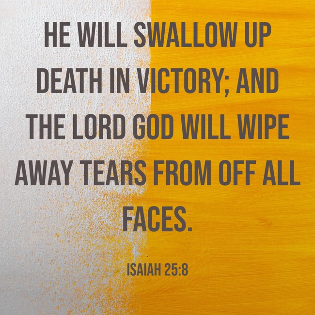  He will swallow up death in victory; and the Lord GOD will wipe away tears from off all faces.   - Isaiah 25:8 