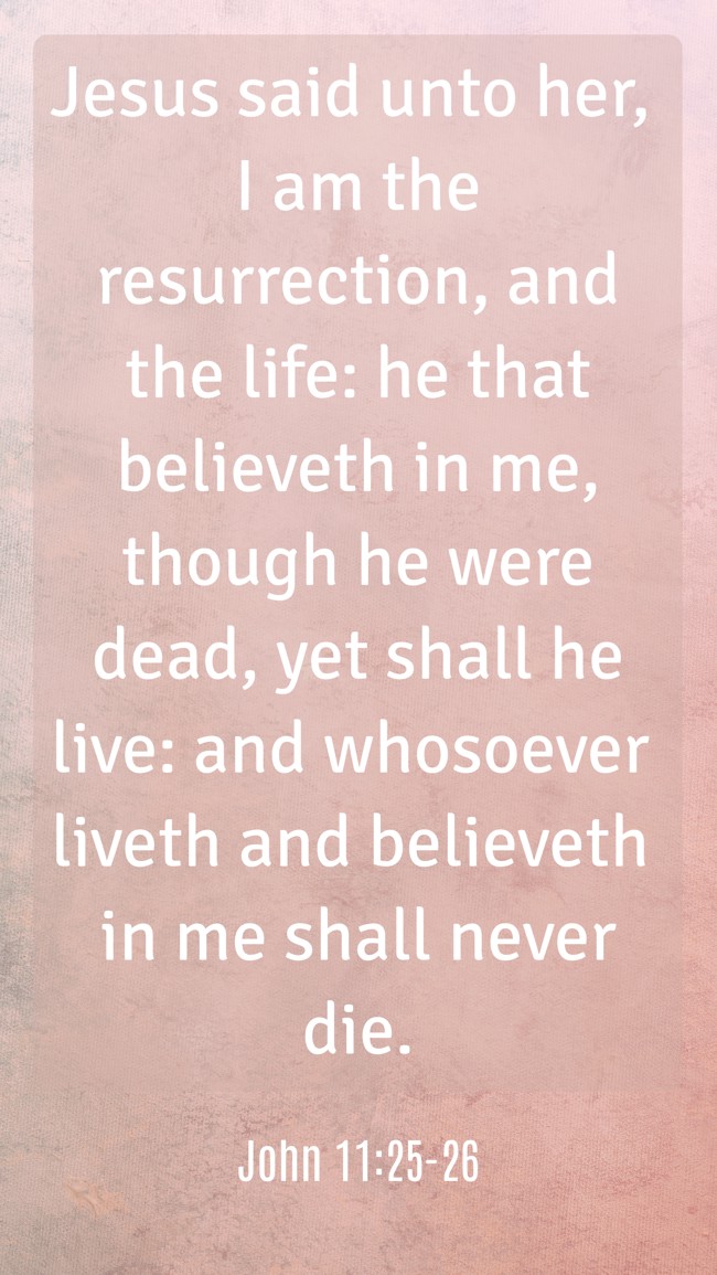  Jesus said unto her, I am the resurrection, and the life: he that believeth in me, though he were dead, yet shall he live: and whosoever liveth and believeth in me shall never die. - John 11:25-26 
