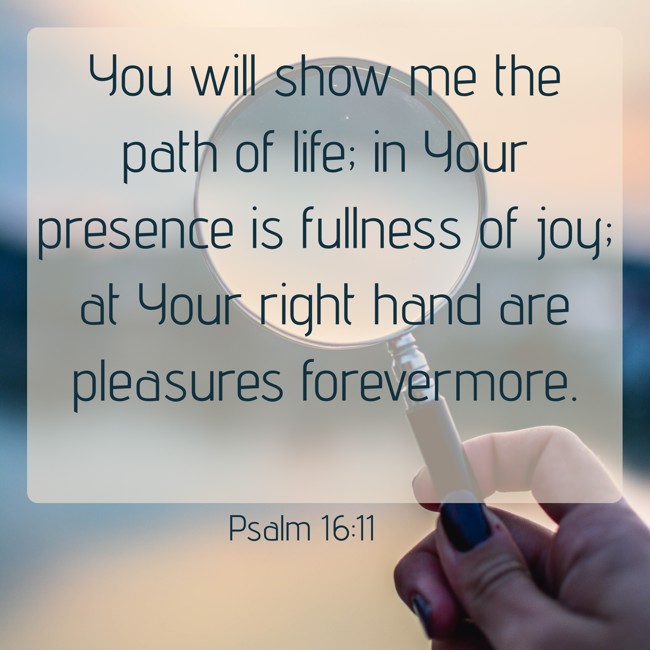  You will show me the path of life; in Your presence is fullness of joy; at Your right hand are pleasures forevermore.   - Psalm 16:11 