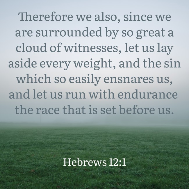  Therefore we also, since we are surrounded by so great a cloud of witnesses, let us lay aside every weight, and the sin which so easily ensnares us, and let us run with endurance the race that is set before us.   - Hebrews 12:1 