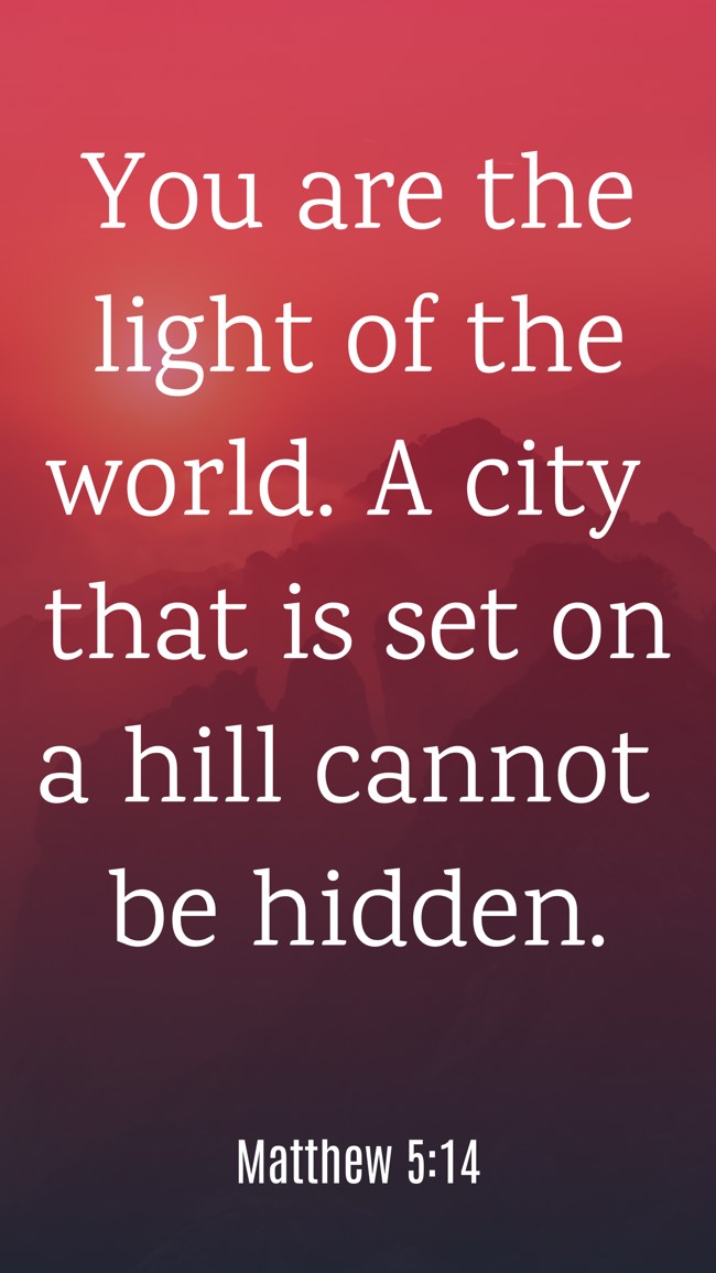  You are the light of the world. A city that is set on a hill cannot be hidden.   - Matthew 5:14 