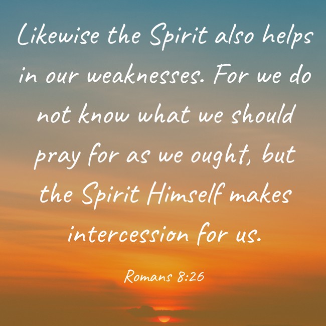 Likewise the Spirit also helps in our weaknesses. For we do not know what we should pray for as we ought, but the Spirit Himself makes intercession for us. - Romans 8:26