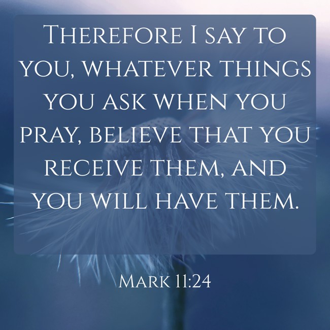 Therefore I say to you, whatever things you ask when you pray, believe that you receive them, and you will have them. - Mark 11:24