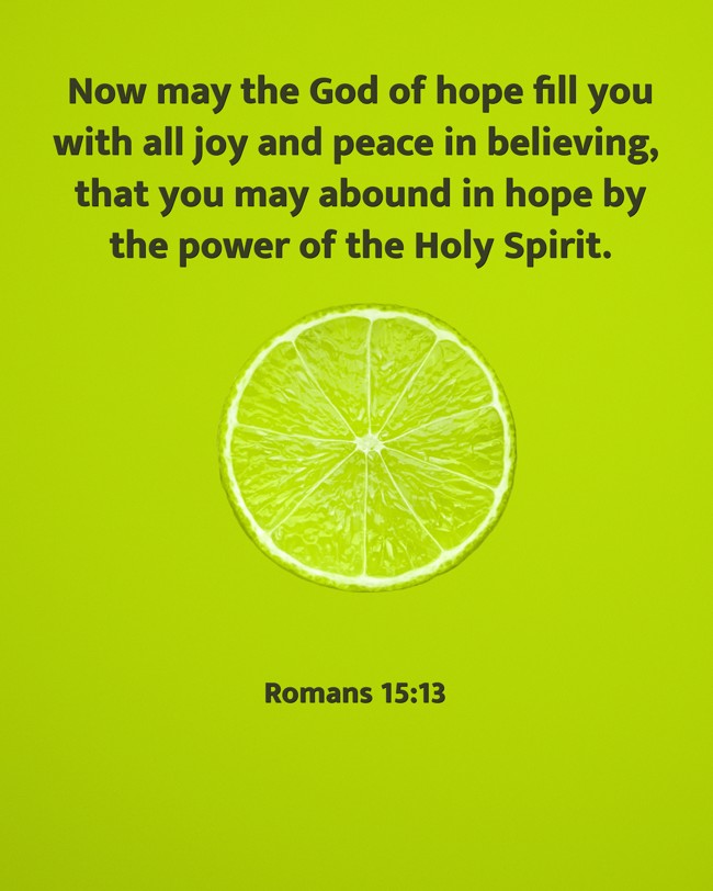 Now may the God of hope fill you with all joy and peace in believing, that you may abound in hope by the power of the Holy Spirit. - Romans 15:13