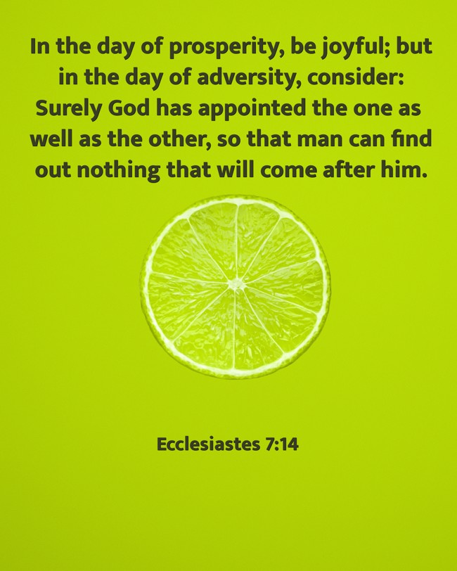 In the day of prosperity, be joyful; but in the day of adversity, consider: Surely God has appointed the one as well as the other, so that man can find out nothing that will come after him. - Ecclesiastes 7:14