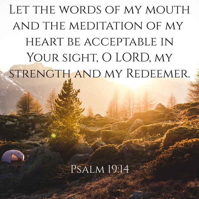 Let the words of my mouth and the meditation of my heart be acceptable in Your sight, O LORD, my strength and my Redeemer. - Psalm 19:14