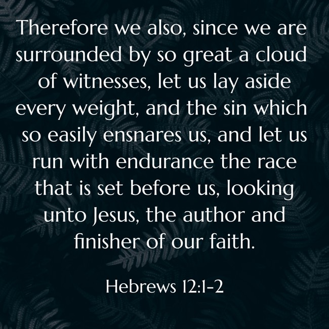 Therefore we also, since we are surrounded by so great a cloud of witnesses, let us lay aside every weight, and the sin which so easily ensnares us, and let us run with endurance the race that is set before us, looking unto Jesus, the author and finisher of our faith. - Hebrews 12:1-2